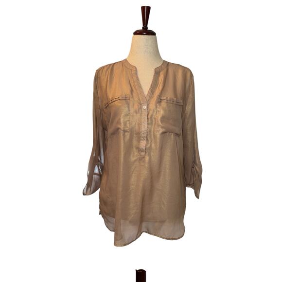 Apt. 9 sheer gold 3/4 sleeve hi-low blouse size L - Picture 1 of 9
